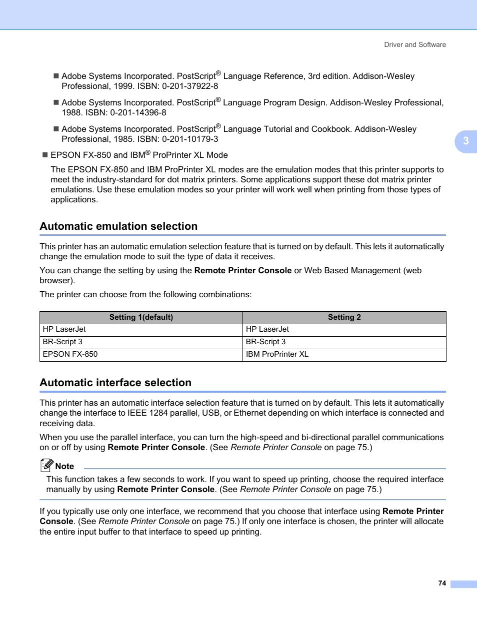 Automatic emulation selection, Automatic interface selection | Brother HL 5370DW User Manual | Page 84 / 172