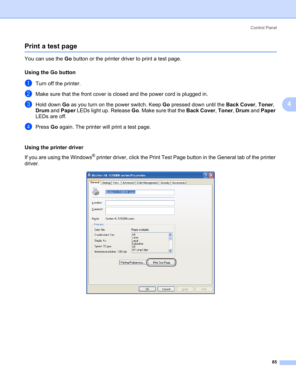 4print a test page | Brother HL 5370DW User Manual | Page 95 / 172