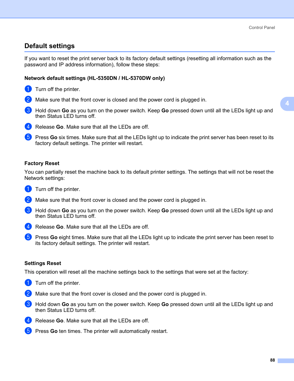 Default settings | Brother HL 5370DW User Manual | Page 98 / 172