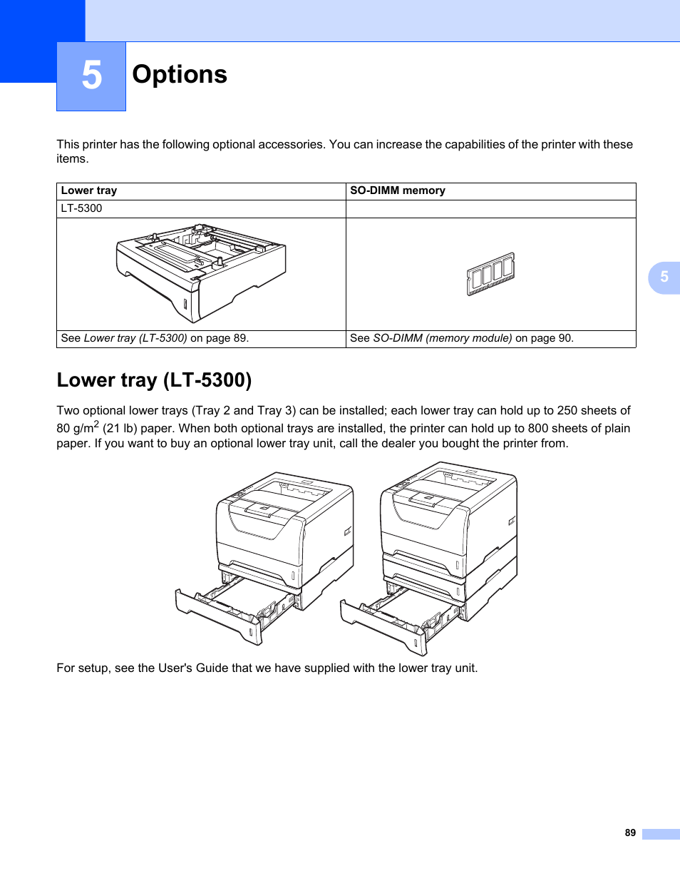 5 options, Lower tray (lt-5300), Options | Brother HL 5370DW User Manual | Page 99 / 172