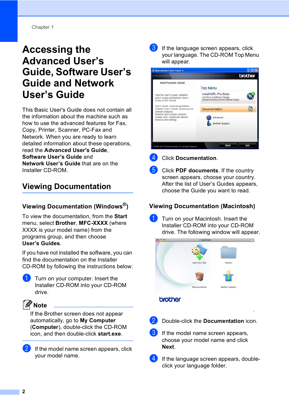 Viewing documentation, Viewing documentation (windows®), Viewing documentation (macintosh) | Network user’s guide | Brother MFC-8510DN User Manual | Page 10 / 181