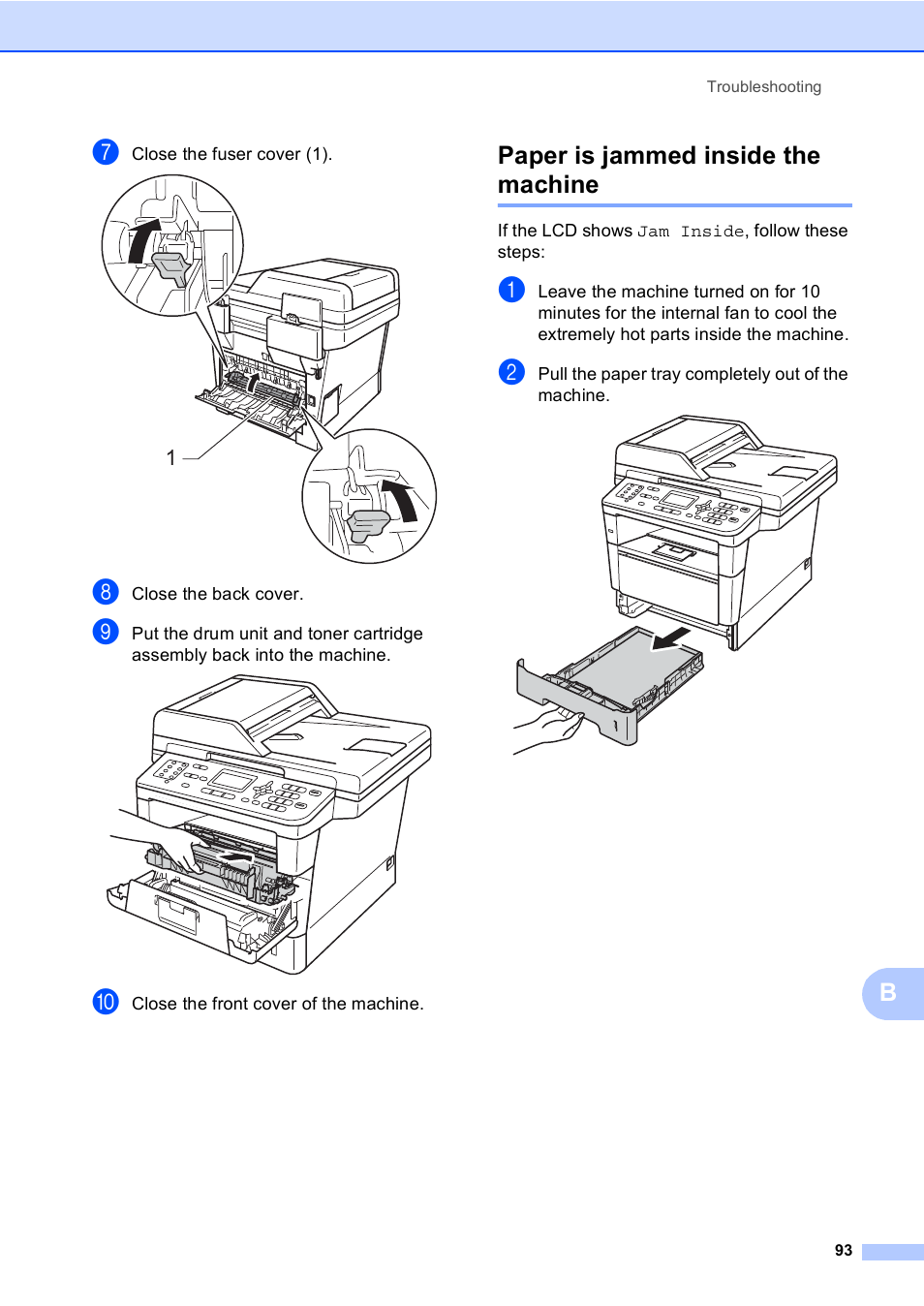 Paper is jammed inside the machine, Paper is jammed inside the machine uu | Brother MFC-8510DN User Manual | Page 101 / 181