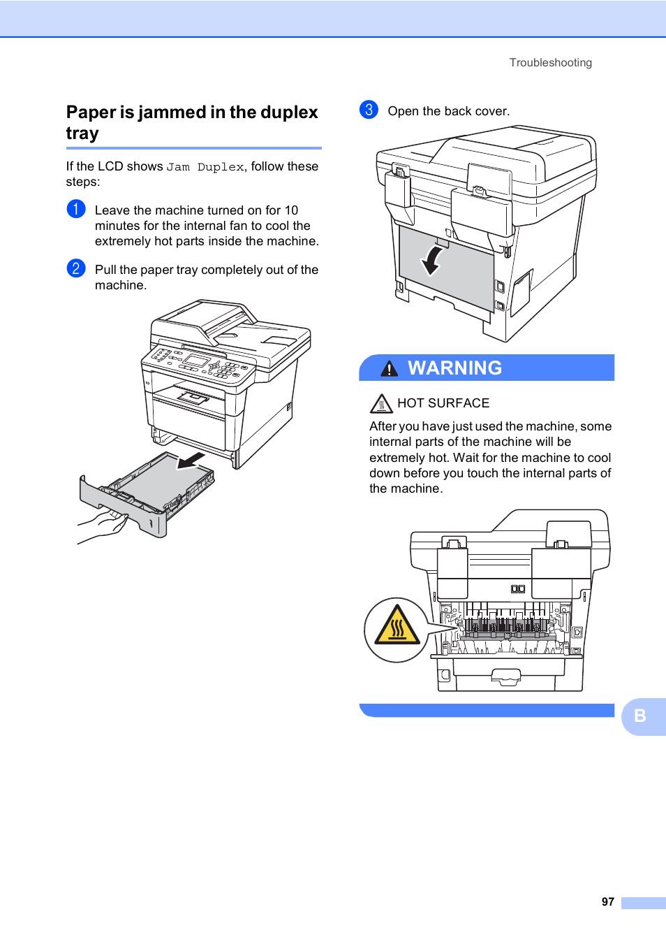 Paper is jammed in the duplex tray, Paper is jammed in the duplex tray uu, Warning | Bpaper is jammed in the duplex tray | Brother MFC-8510DN User Manual | Page 105 / 181