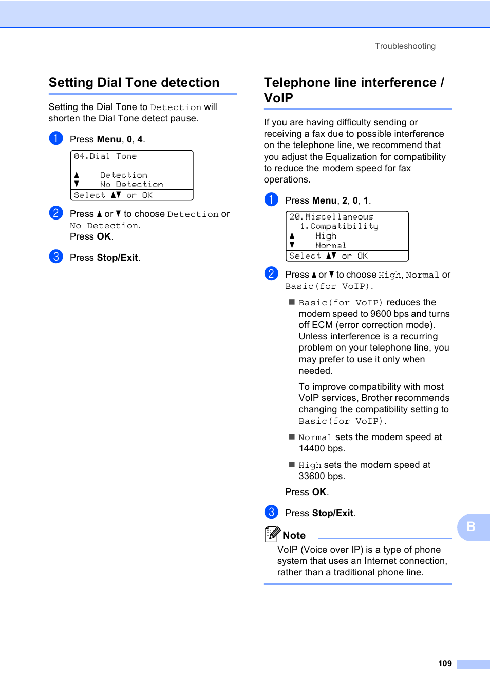 Setting dial tone detection, Telephone line interference / voip, Bsetting dial tone detection | Brother MFC-8510DN User Manual | Page 117 / 181