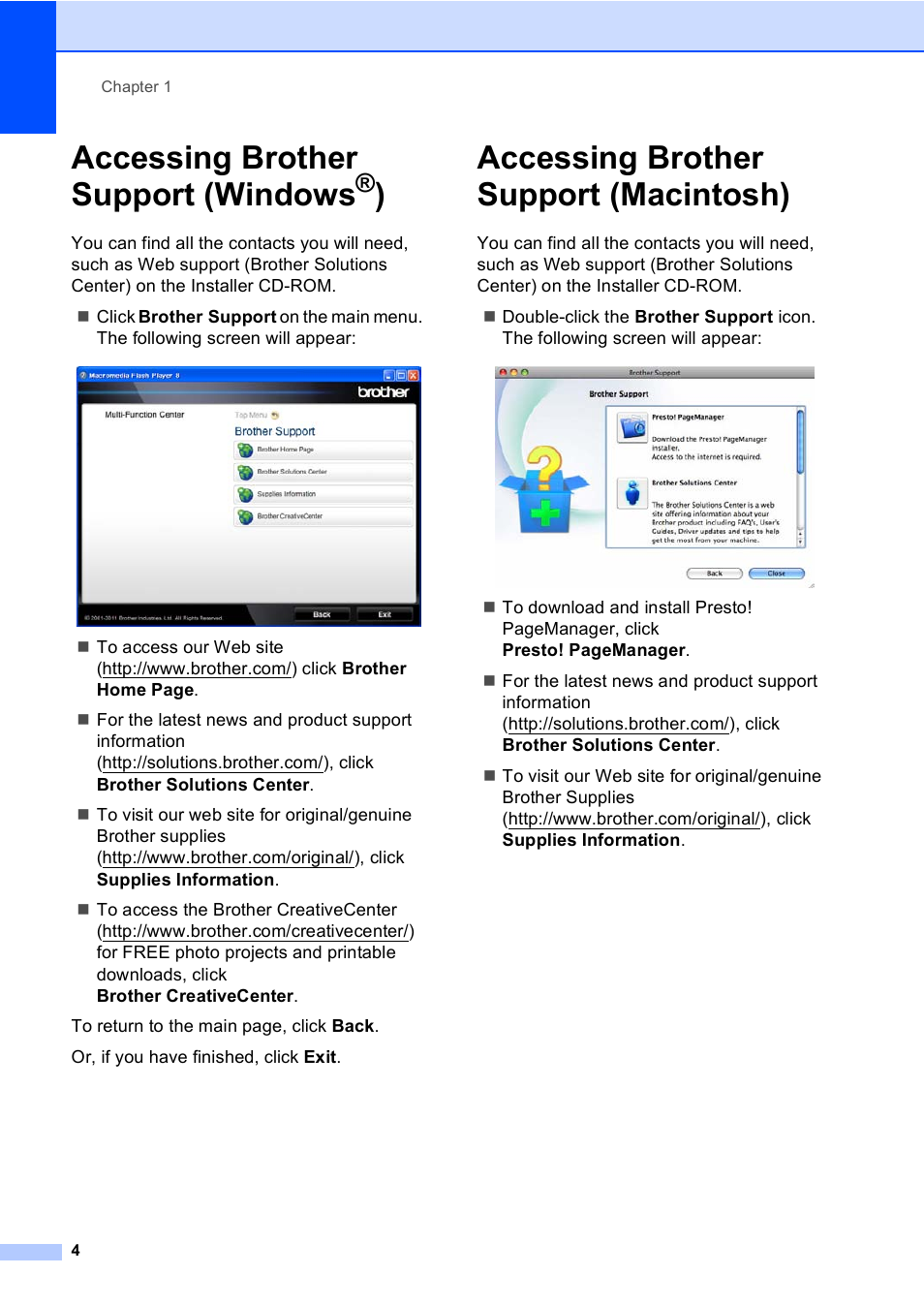 Accessing brother support (windows®), Accessing brother support (macintosh), Accessing brother support (windows | Brother MFC-8510DN User Manual | Page 12 / 181