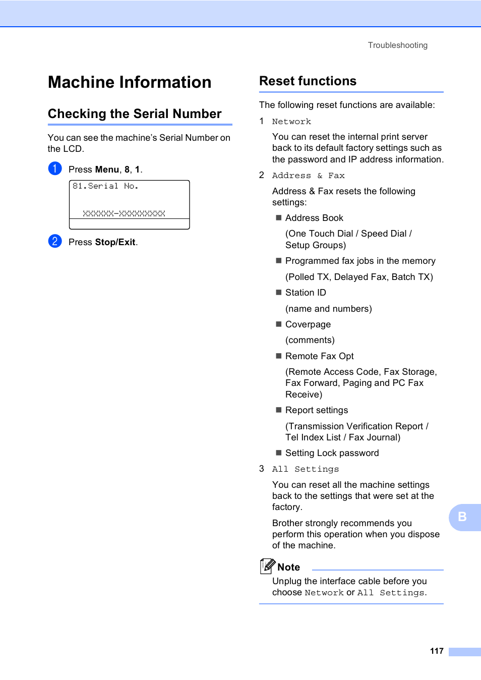 Machine information, Checking the serial number, Reset functions | Checking the serial number reset functions | Brother MFC-8510DN User Manual | Page 125 / 181