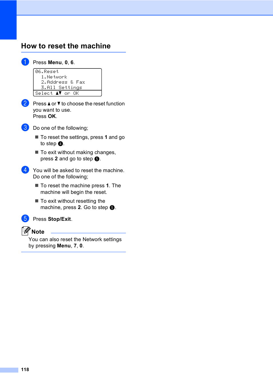 How to reset the machine | Brother MFC-8510DN User Manual | Page 126 / 181