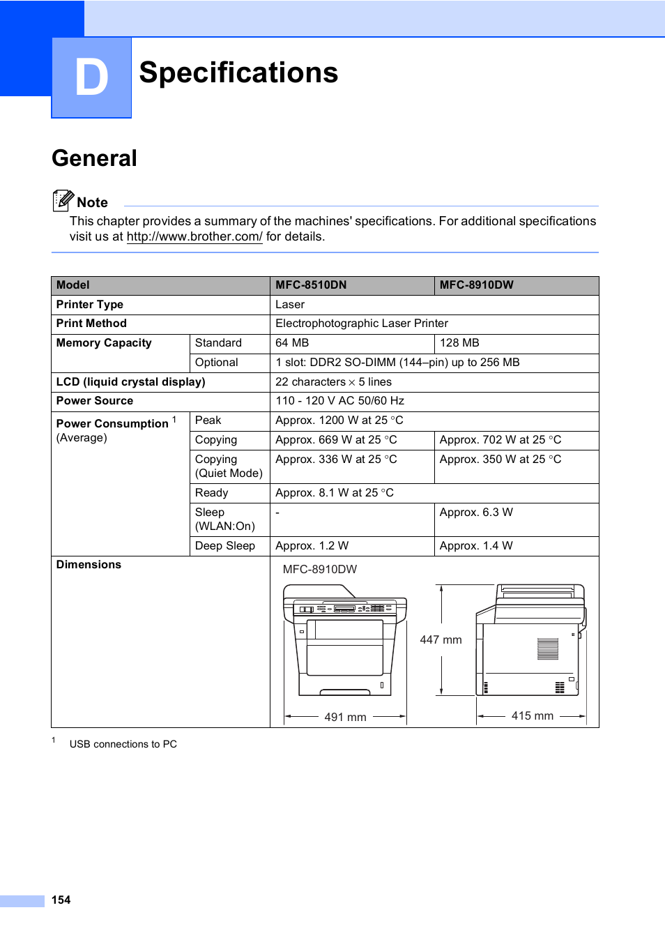 D specifications, General, Specifications | Brother MFC-8510DN User Manual | Page 162 / 181