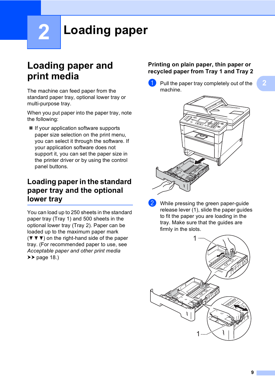 2 loading paper, Loading paper and print media, Loading paper | Brother MFC-8510DN User Manual | Page 17 / 181