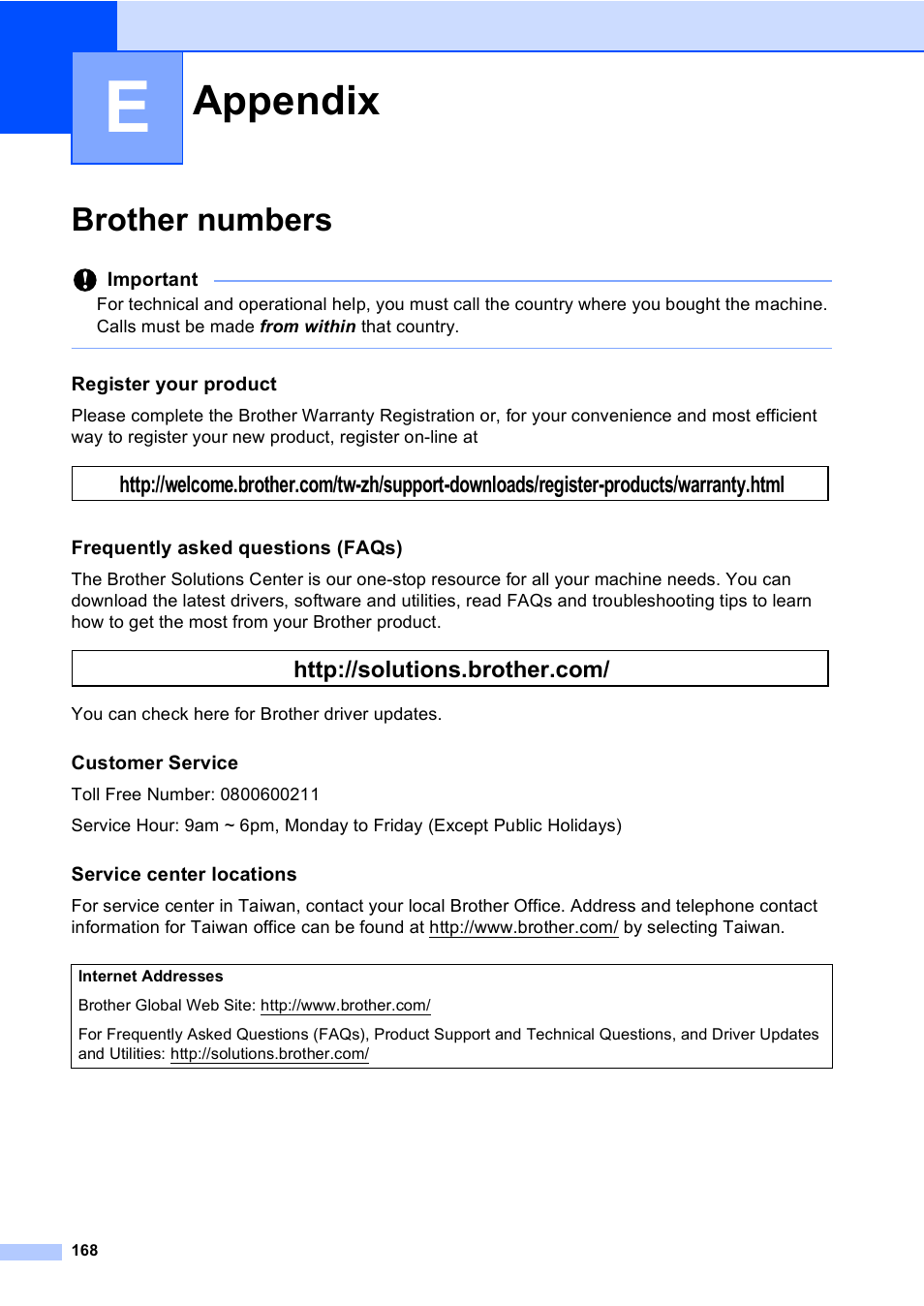 E appendix, Brother numbers, Appendix | Brother MFC-8510DN User Manual | Page 176 / 181