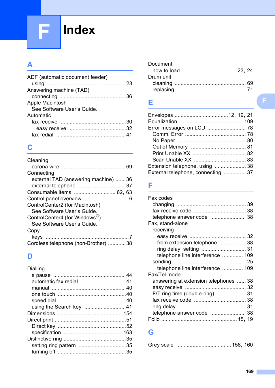 Index | Brother MFC-8510DN User Manual | Page 177 / 181