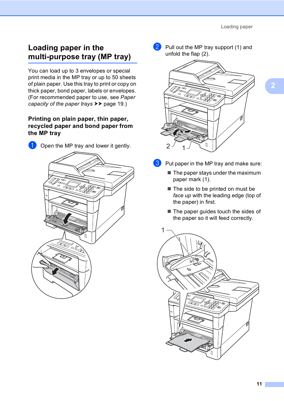 Loading paper in the multi-purpose tray (mp tray), 2loading paper in the multi-purpose tray (mp tray) | Brother MFC-8510DN User Manual | Page 19 / 181