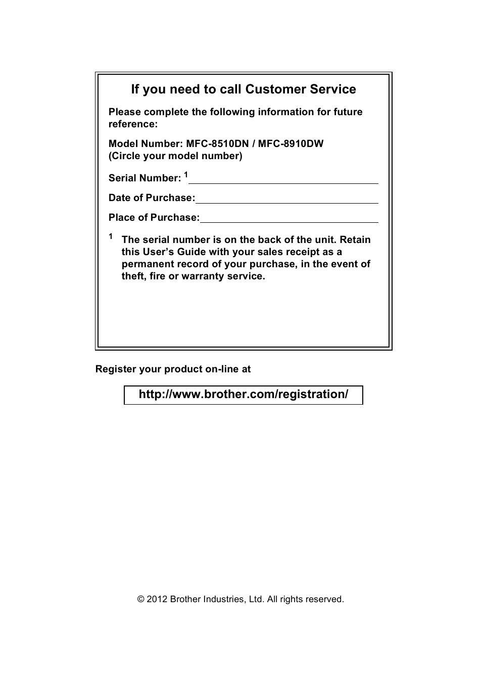 If you need to call customer service | Brother MFC-8510DN User Manual | Page 2 / 181