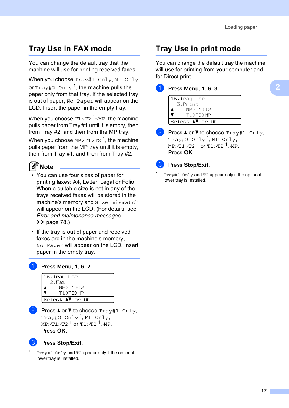 Tray use in fax mode, Tray use in print mode, Tray use in fax mode tray use in print mode | 2tray use in fax mode | Brother MFC-8510DN User Manual | Page 25 / 181