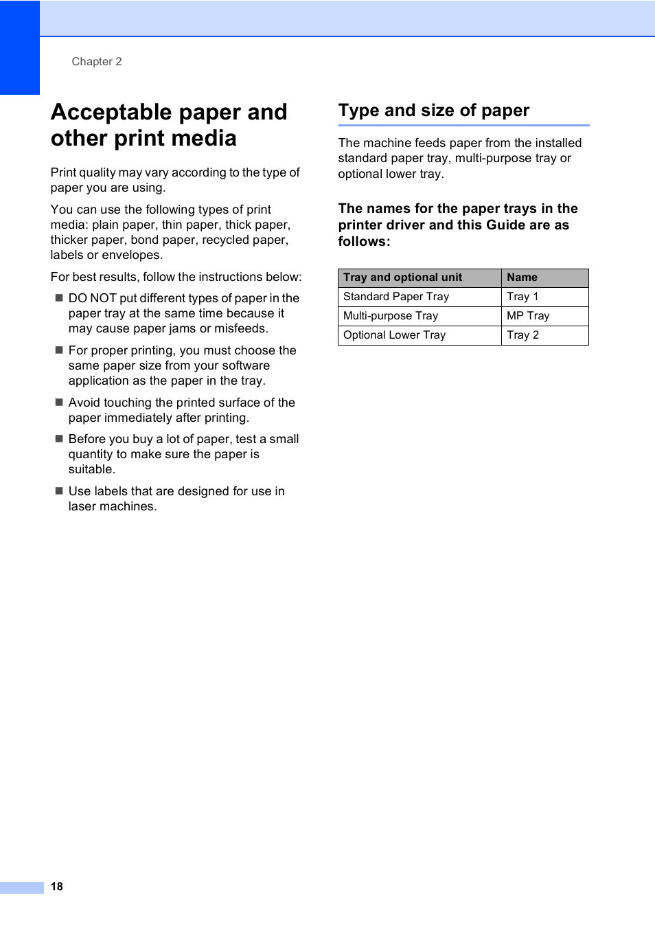 Acceptable paper and other print media, Type and size of paper | Brother MFC-8510DN User Manual | Page 26 / 181