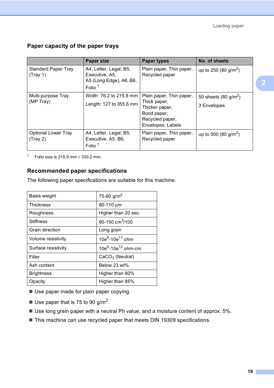 Paper capacity of the paper trays, Recommended paper specifications | Brother MFC-8510DN User Manual | Page 27 / 181