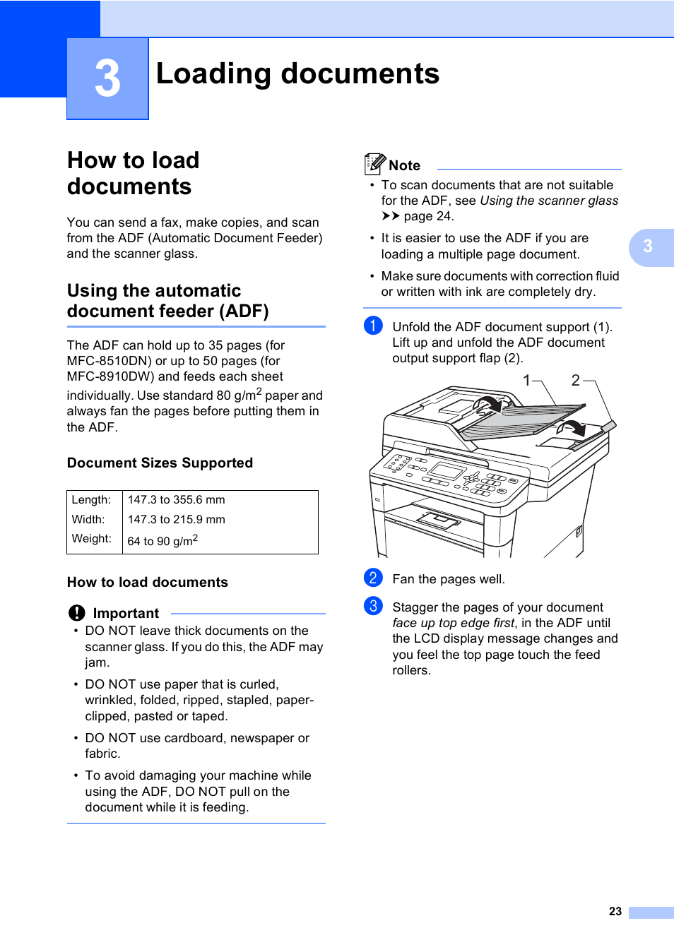 3 loading documents, How to load documents, Using the automatic document feeder (adf) | Document sizes supported, Loading documents | Brother MFC-8510DN User Manual | Page 31 / 181