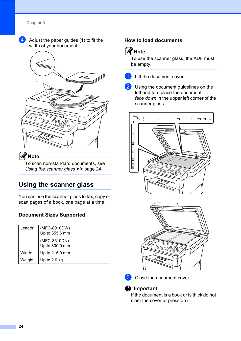 Using the scanner glass, Document sizes supported, How to load documents | Important | Brother MFC-8510DN User Manual | Page 32 / 181
