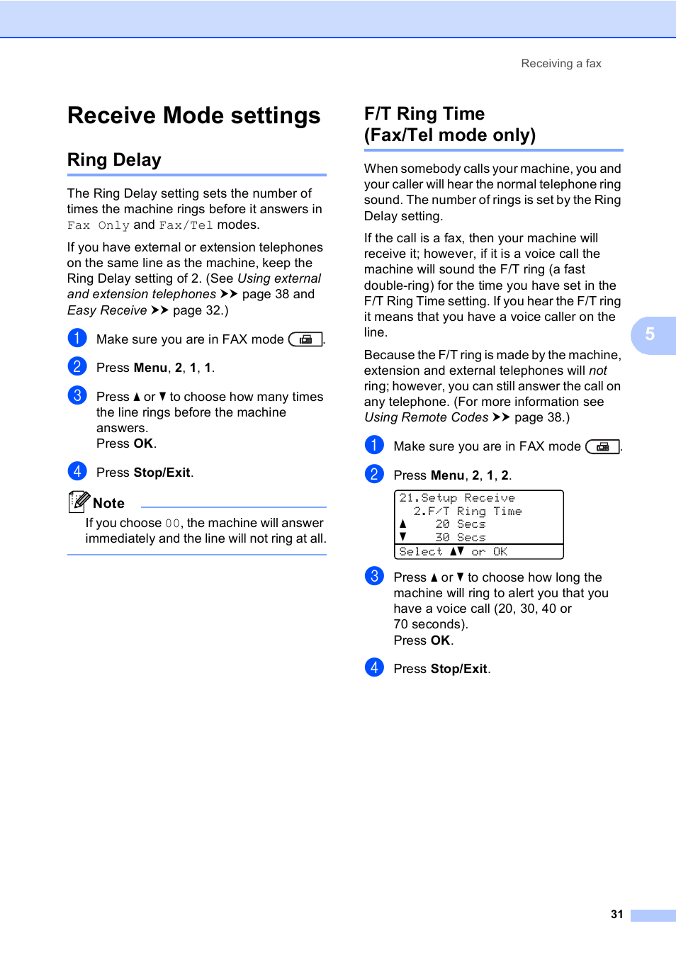 Receive mode settings, Ring delay, F/t ring time (fax/tel mode only) | Ring delay f/t ring time (fax/tel mode only), Ee f/t ring time (fax/tel mode only) uu | Brother MFC-8510DN User Manual | Page 39 / 181