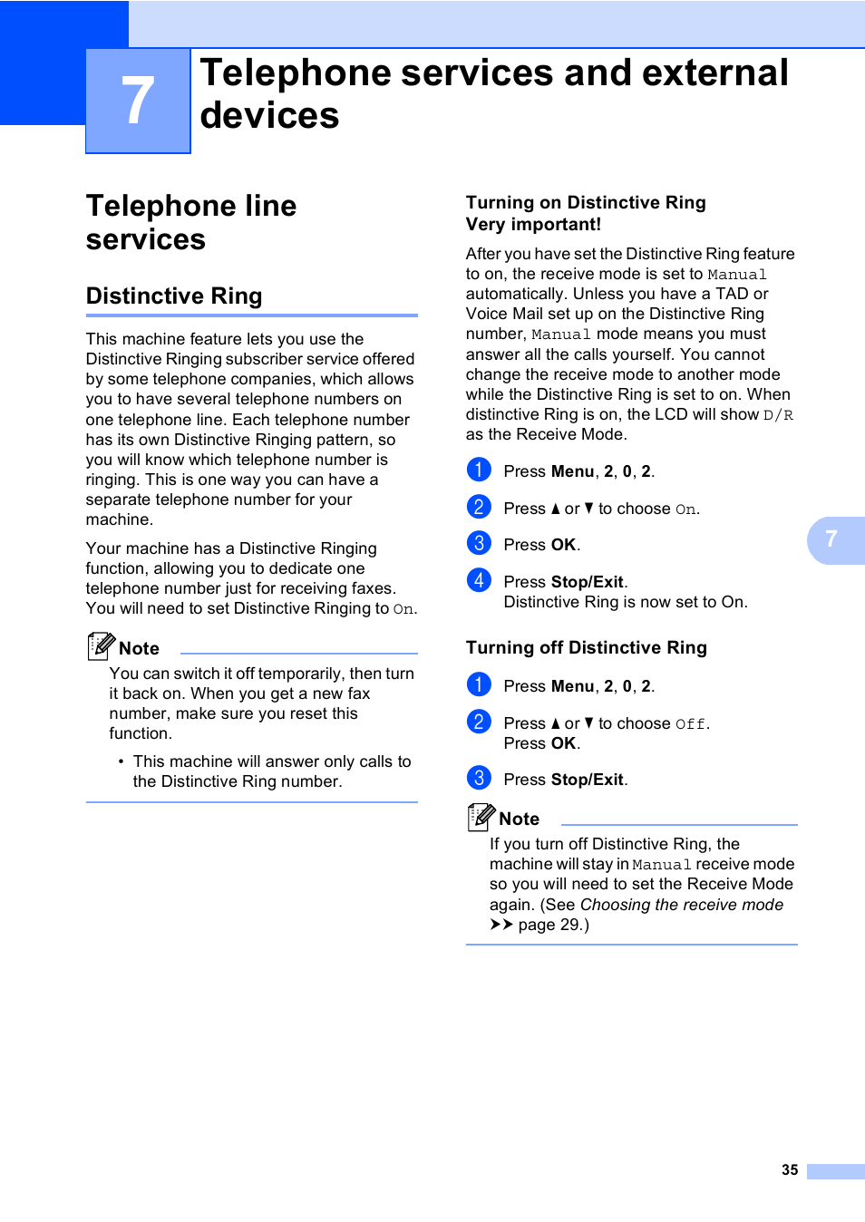 7 telephone services and external devices, Telephone line services, Distinctive ring | Turning on distinctive ring very important, Turning off distinctive ring, Telephone services and external devices | Brother MFC-8510DN User Manual | Page 43 / 181