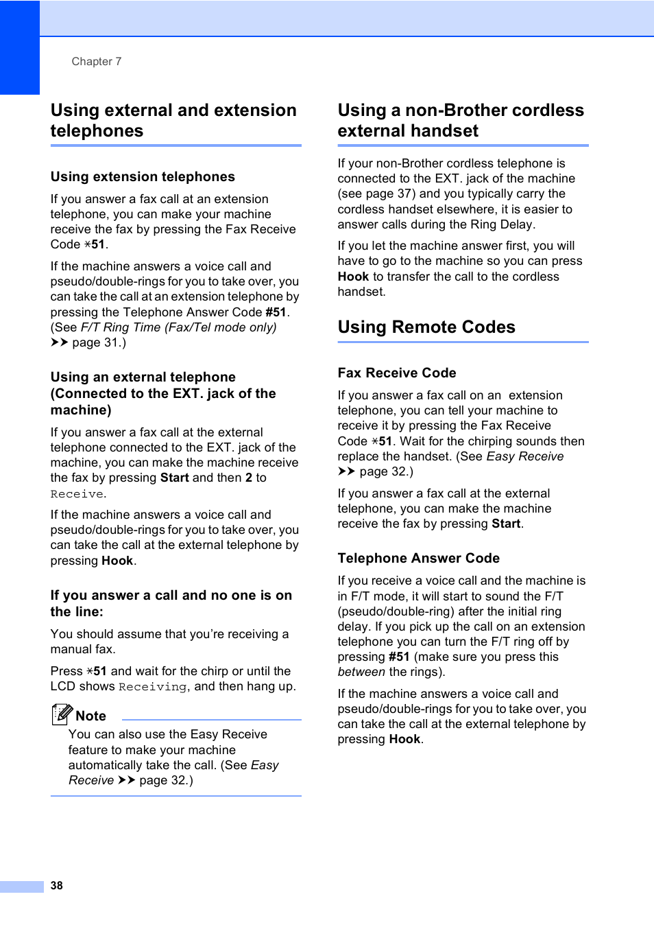 Using external and extension telephones, Using extension telephones, If you answer a call and no one is on the line | Using a non-brother cordless external handset, Using remote codes, Fax receive code, Telephone answer code | Brother MFC-8510DN User Manual | Page 46 / 181