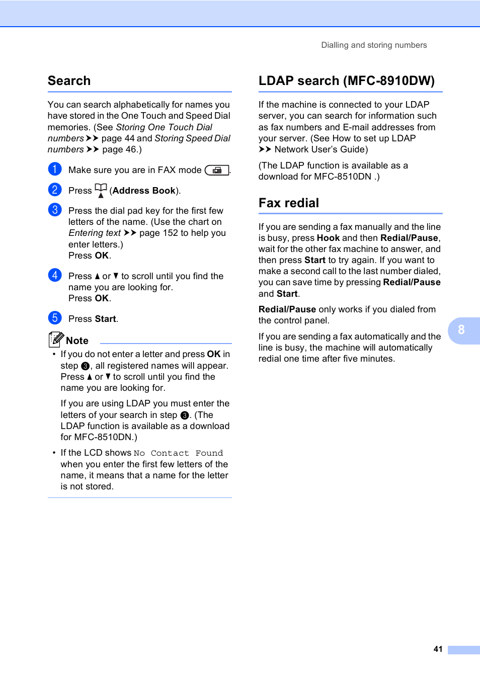 Search, Ldap search (mfc-8910dw), Fax redial | Search ldap search (mfc-8910dw) fax redial, 8search | Brother MFC-8510DN User Manual | Page 49 / 181