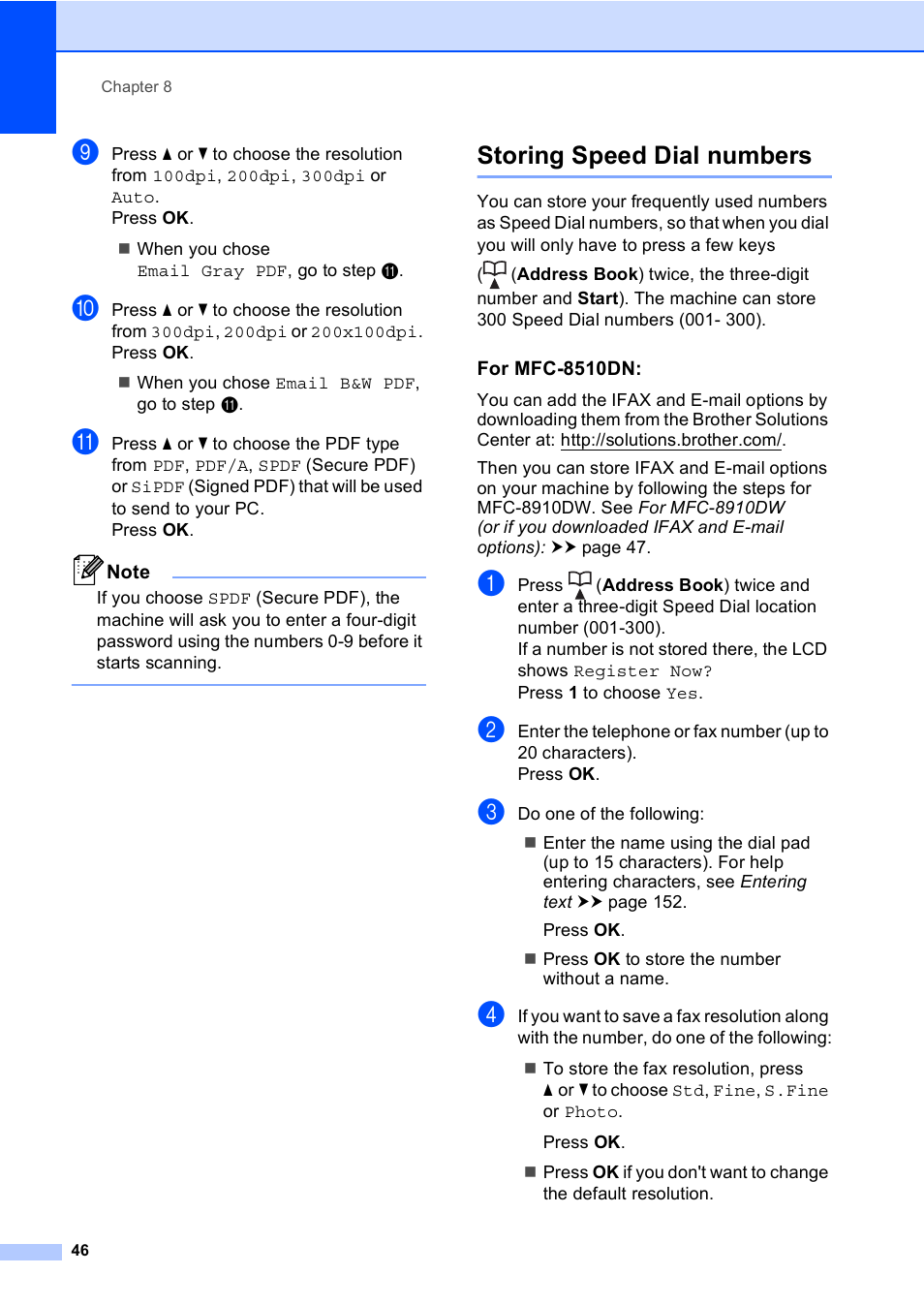 Storing speed dial numbers, For mfc-8510dn | Brother MFC-8510DN User Manual | Page 54 / 181