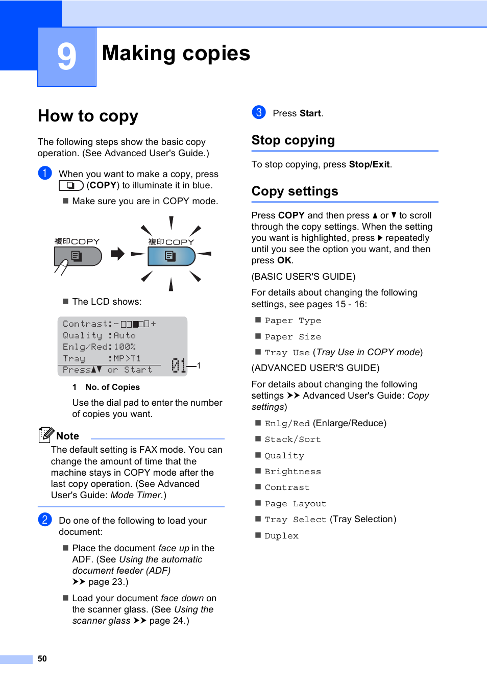 9 making copies, How to copy, Stop copying | Copy settings, Making copies, Stop copying copy settings | Brother MFC-8510DN User Manual | Page 58 / 181