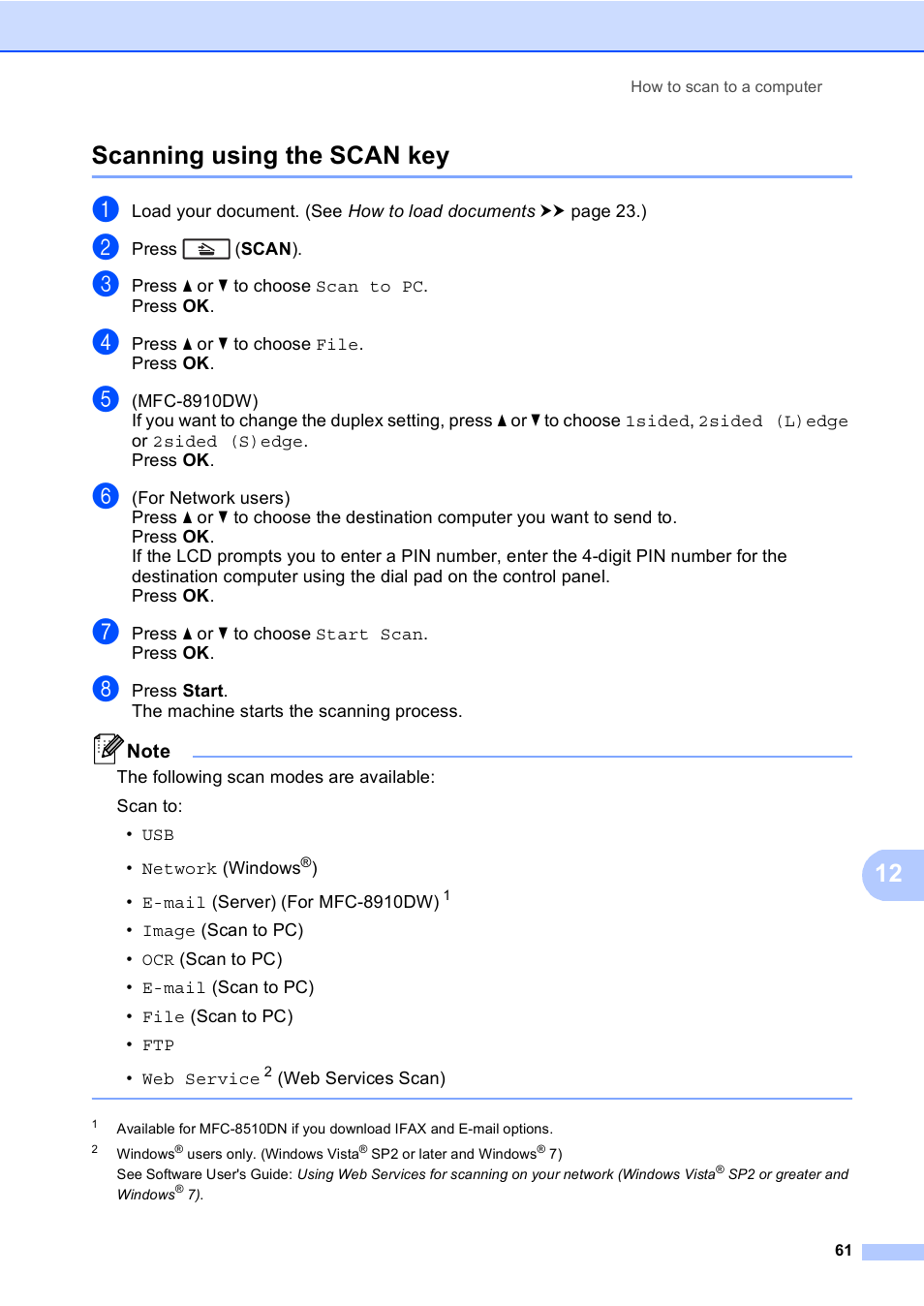 Scanning using the scan key, 12 scanning using the scan key | Brother MFC-8510DN User Manual | Page 69 / 181