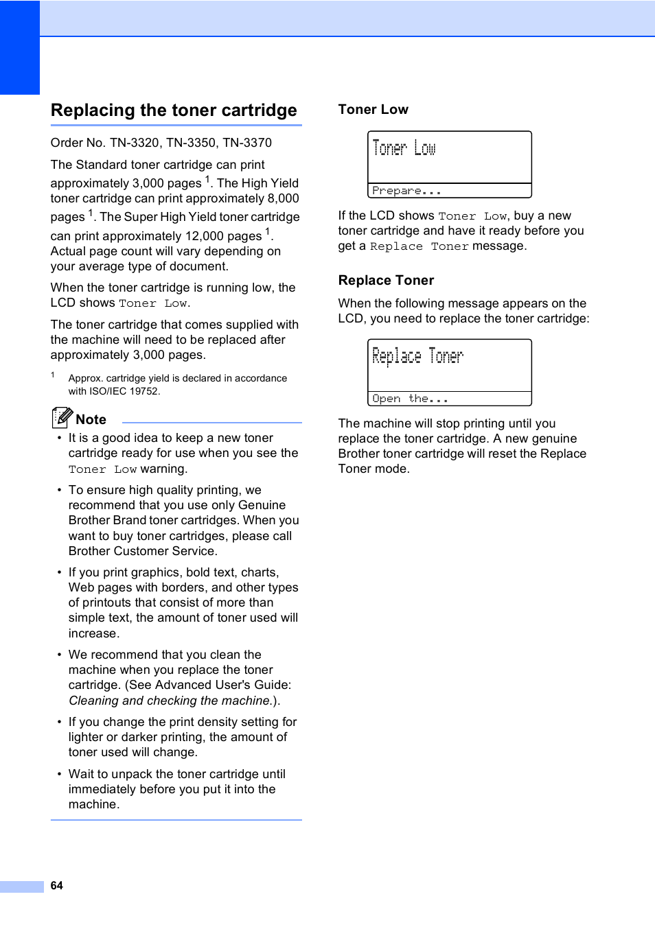 Replacing the toner cartridge, Toner low, Replace toner | Brother MFC-8510DN User Manual | Page 72 / 181