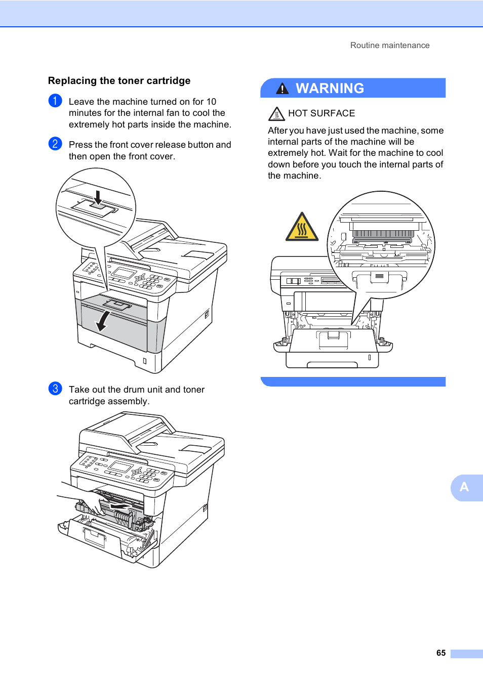 Replacing the toner cartridge, Warning | Brother MFC-8510DN User Manual | Page 73 / 181