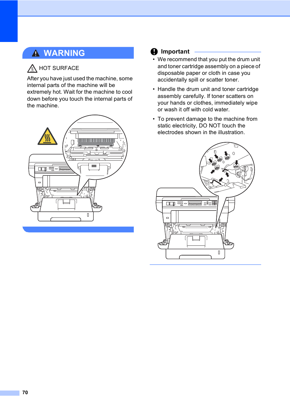 Warning, Important | Brother MFC-8510DN User Manual | Page 78 / 181