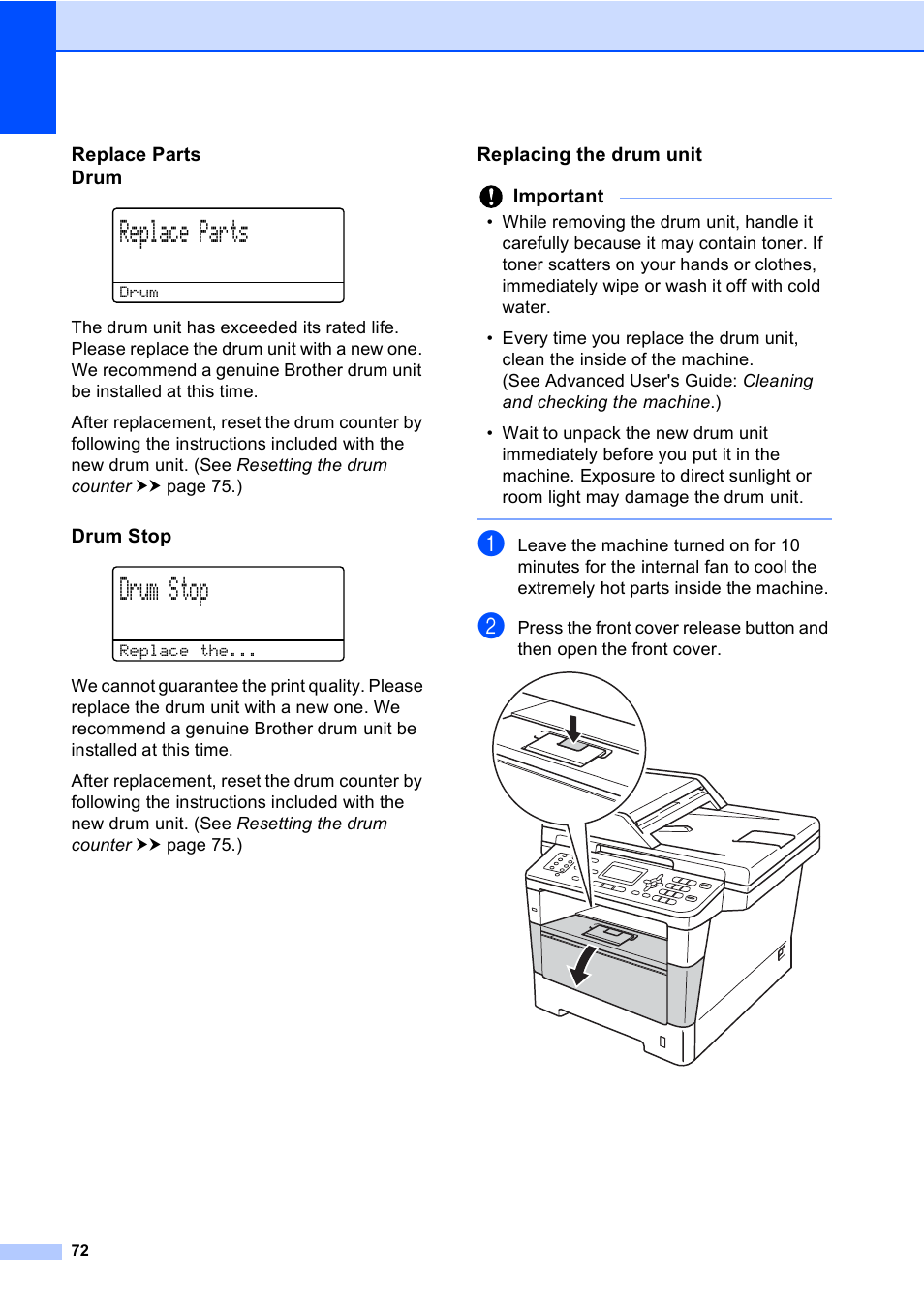 Replace parts drum, Drum stop, Replacing the drum unit | Replace parts | Brother MFC-8510DN User Manual | Page 80 / 181