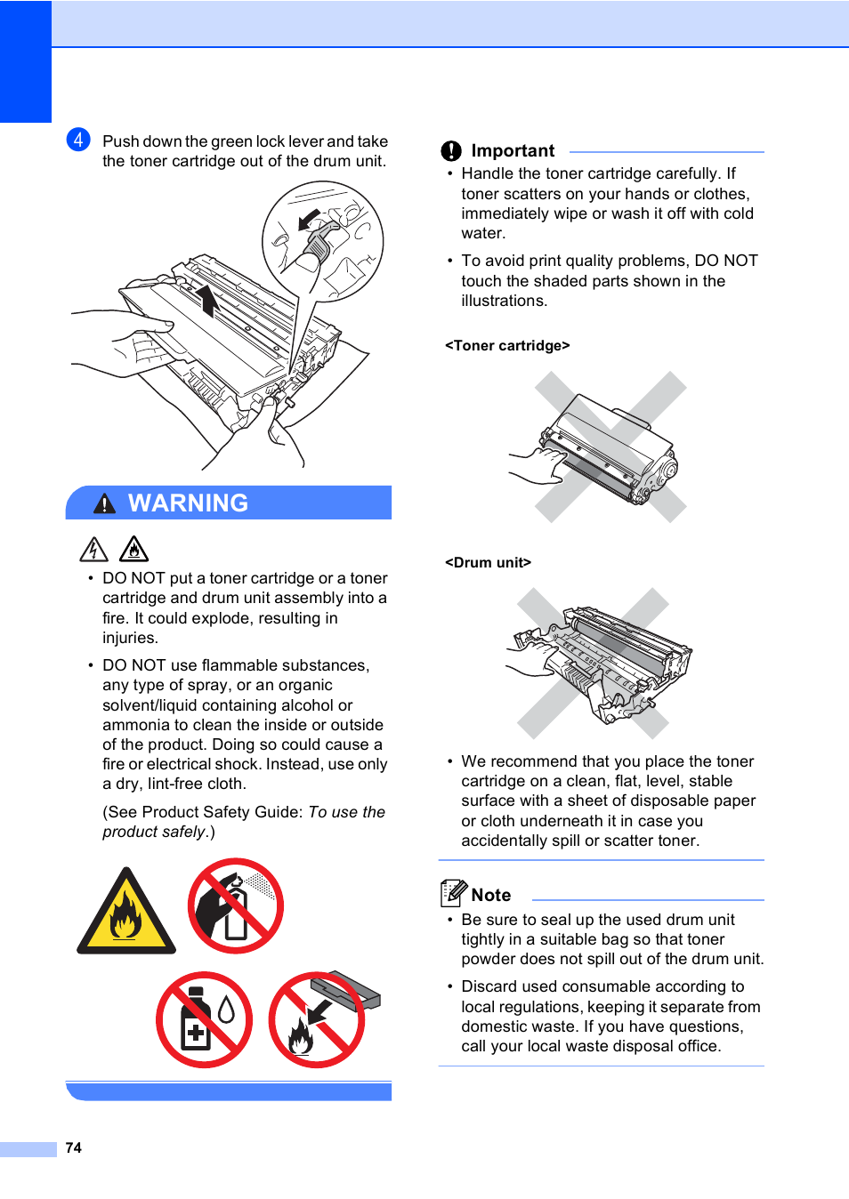 Warning, Important | Brother MFC-8510DN User Manual | Page 82 / 181