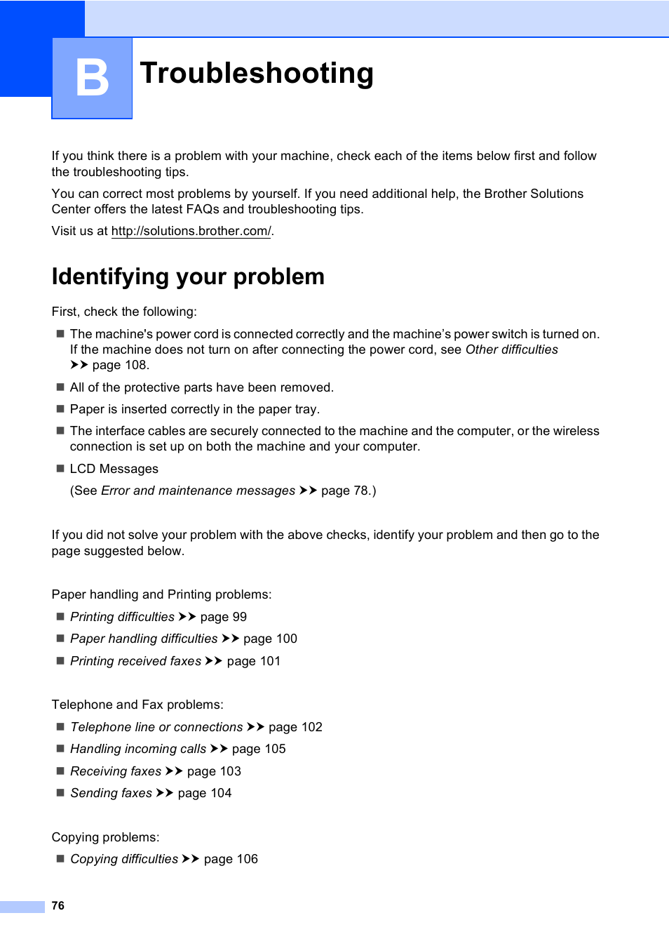 B troubleshooting, Identifying your problem, Troubleshooting | Brother MFC-8510DN User Manual | Page 84 / 181