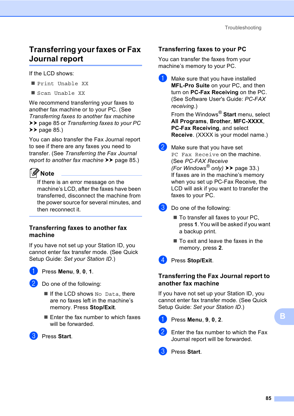 Transferring your faxes or fax journal report, Transferring faxes to another fax machine, Transferring faxes to your pc | Btransferring your faxes or fax journal report | Brother MFC-8510DN User Manual | Page 93 / 181