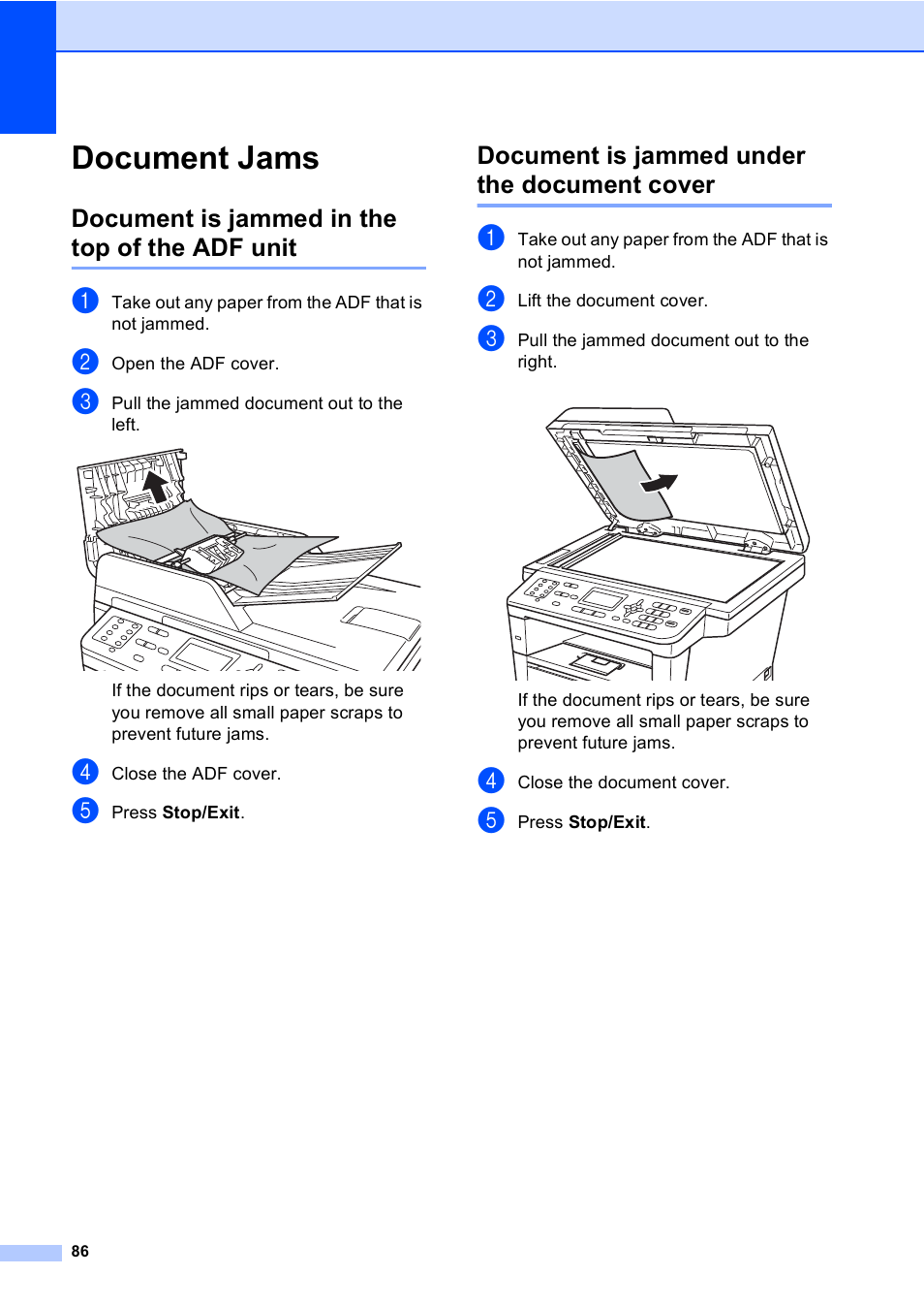 Document jams, Document is jammed in the top of the adf unit, Document is jammed under the document cover | Brother MFC-8510DN User Manual | Page 94 / 181