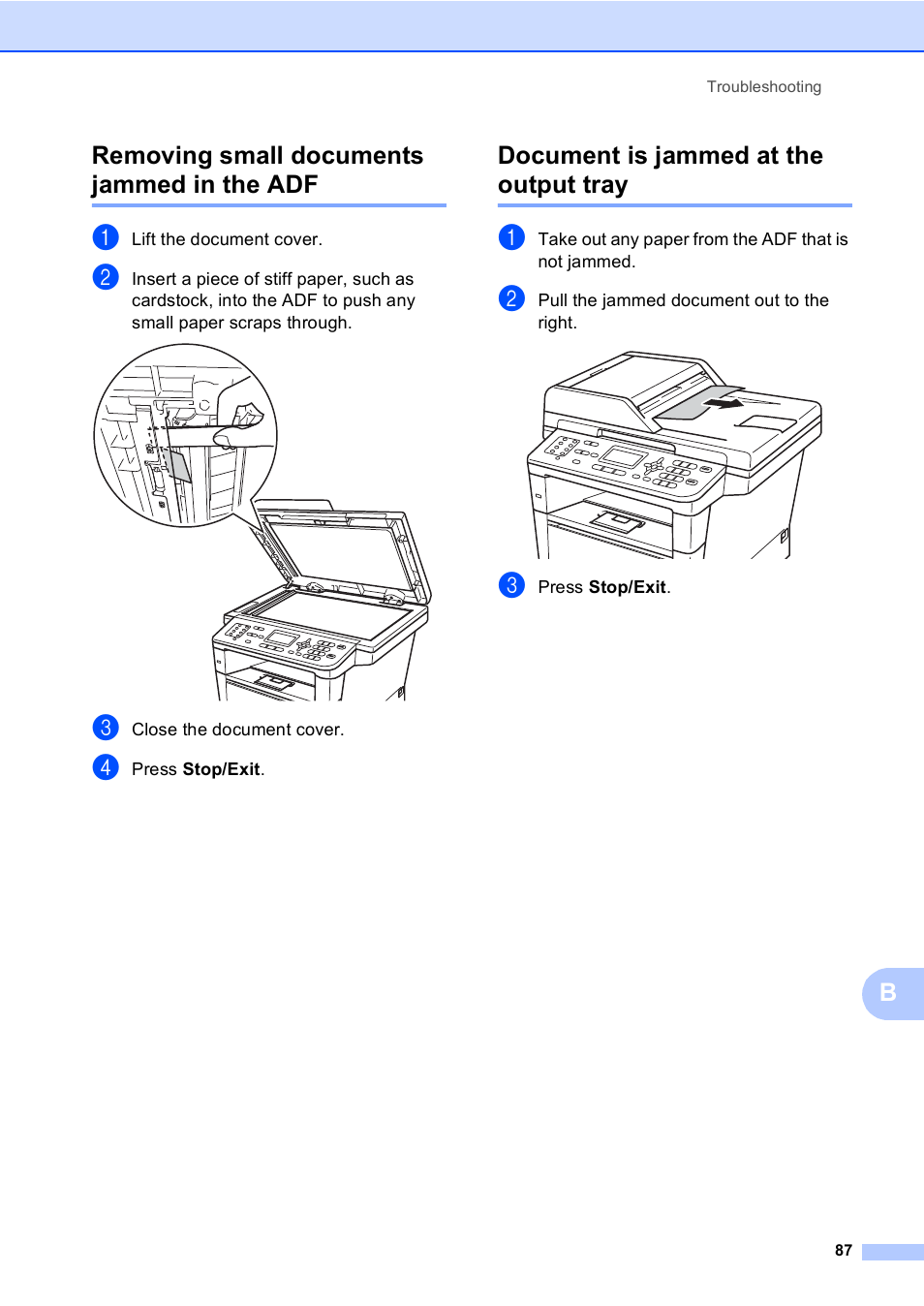 Removing small documents jammed in the adf, Document is jammed at the output tray, Bremoving small documents jammed in the adf | Brother MFC-8510DN User Manual | Page 95 / 181