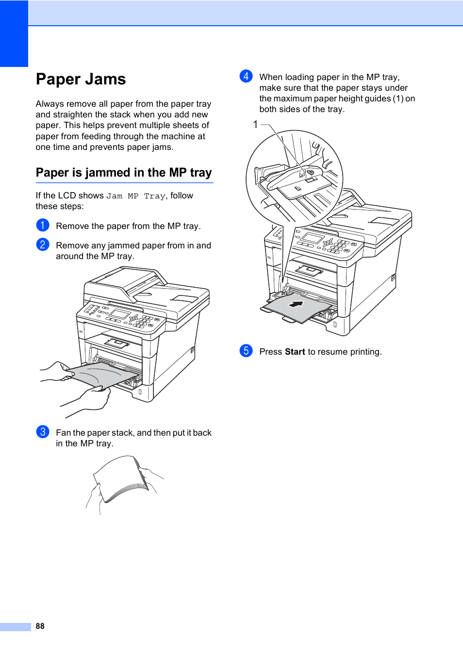 Paper jams, Paper is jammed in the mp tray, Paper is jammed in the mp tray uu | Brother MFC-8510DN User Manual | Page 96 / 181