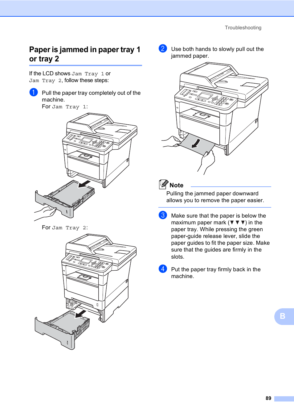 Paper is jammed in paper tray 1 or tray 2, Paper is jammed in paper tray 1 or tray 2 uu, Bpaper is jammed in paper tray 1 or tray 2 | Brother MFC-8510DN User Manual | Page 97 / 181