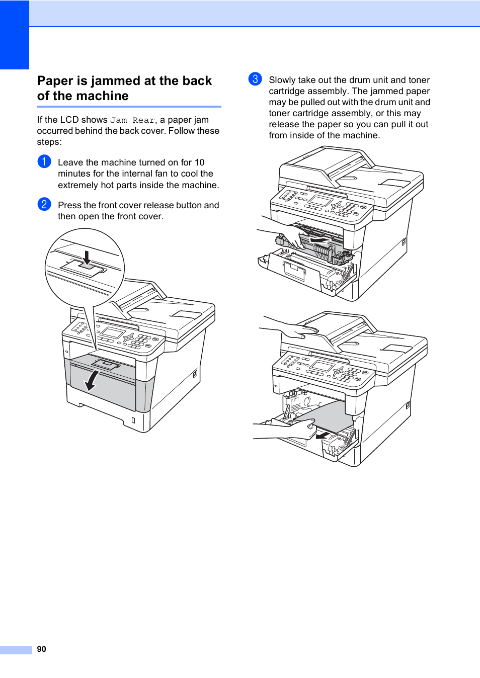 Paper is jammed at the back of the machine | Brother MFC-8510DN User Manual | Page 98 / 181