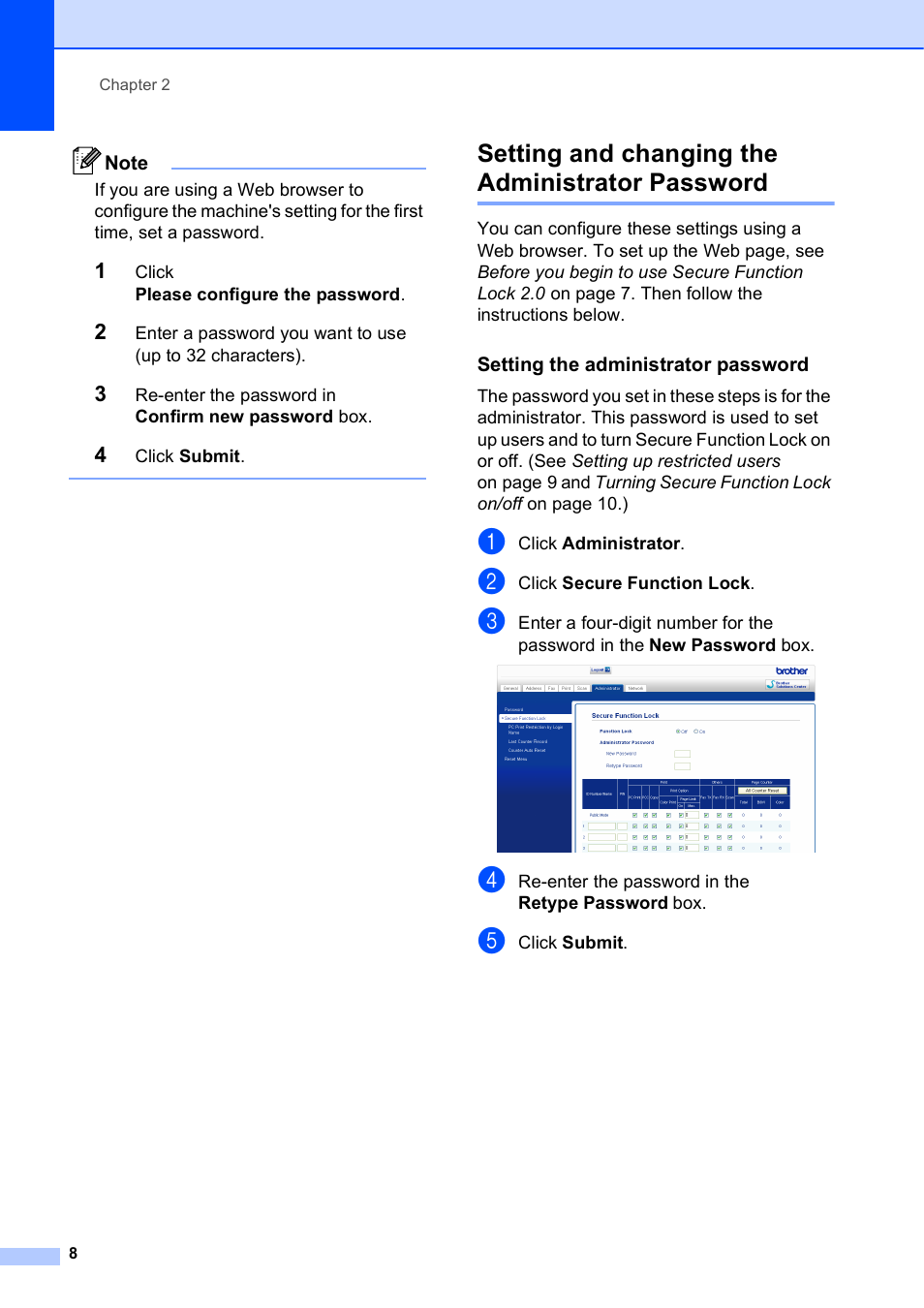 Setting and changing the administrator password, Setting the administrator password | Brother VERSION 0 MFC-J6510DW User Manual | Page 14 / 89