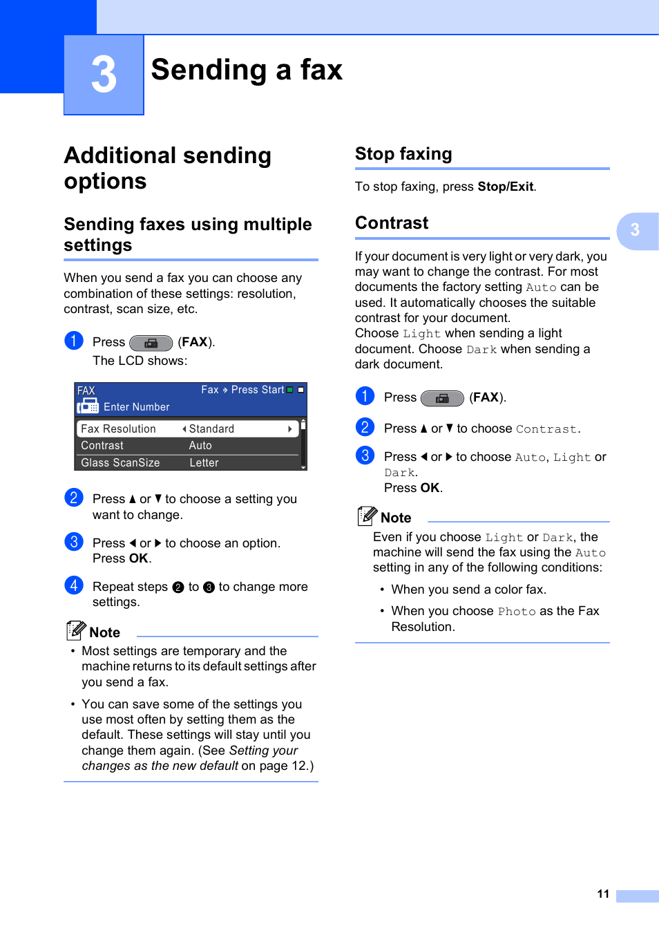 3 sending a fax, Additional sending options, Sending faxes using multiple settings | Stop faxing, Contrast, Sending a fax | Brother VERSION 0 MFC-J6510DW User Manual | Page 17 / 89