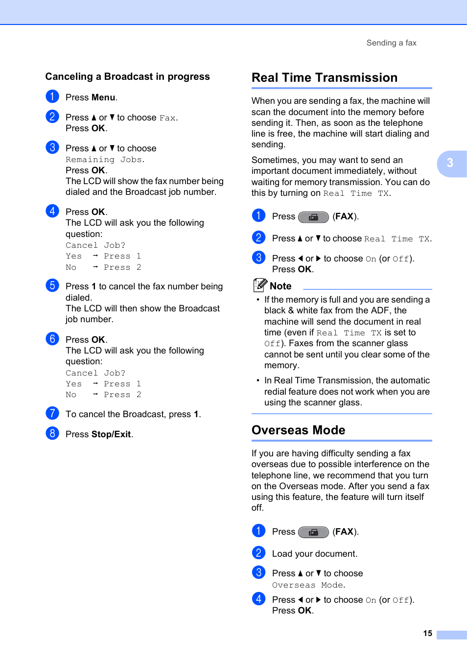 Canceling a broadcast in progress, Real time transmission, Overseas mode | Real time transmission overseas mode | Brother VERSION 0 MFC-J6510DW User Manual | Page 21 / 89