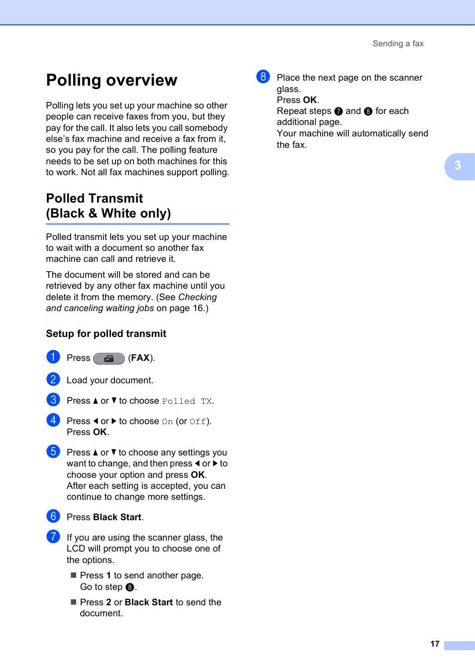 Polling overview, Polled transmit (black & white only), Setup for polled transmit | Brother VERSION 0 MFC-J6510DW User Manual | Page 23 / 89