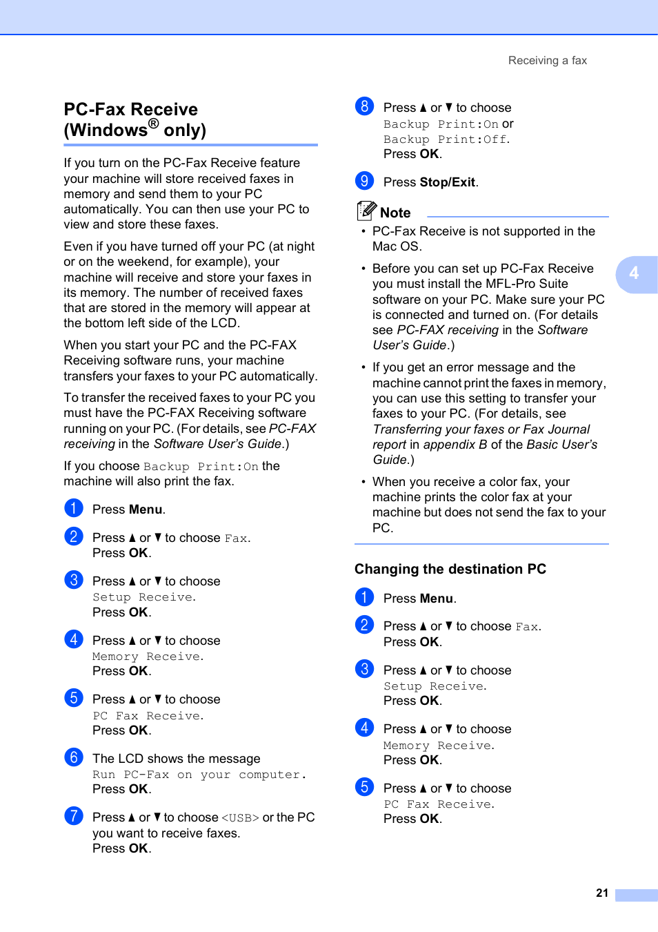 Pc-fax receive (windows® only), Changing the destination pc, Pc-fax receive (windows | Only), 4pc-fax receive (windows | Brother VERSION 0 MFC-J6510DW User Manual | Page 27 / 89