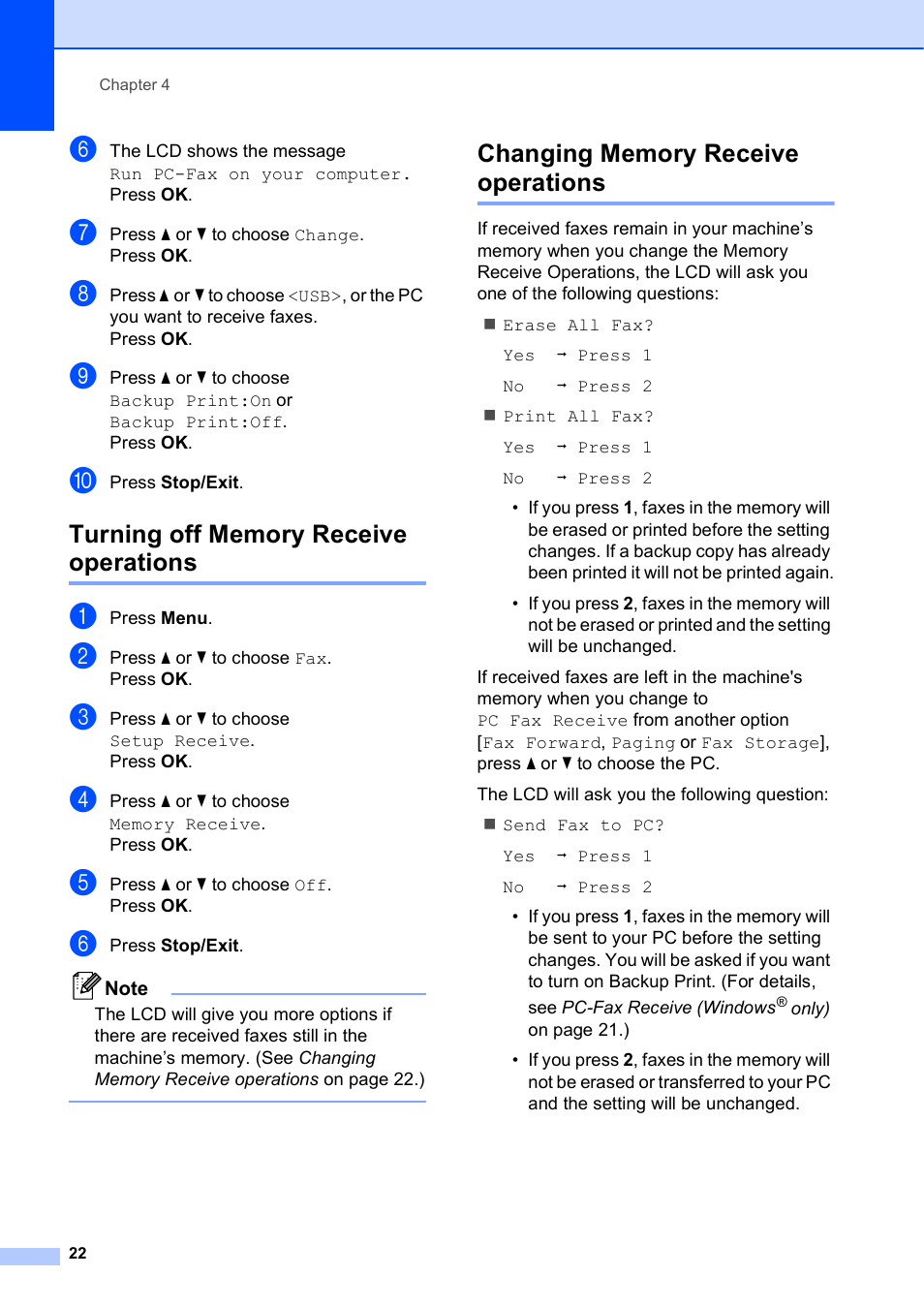 Turning off memory receive operations, Changing memory receive operations | Brother VERSION 0 MFC-J6510DW User Manual | Page 28 / 89