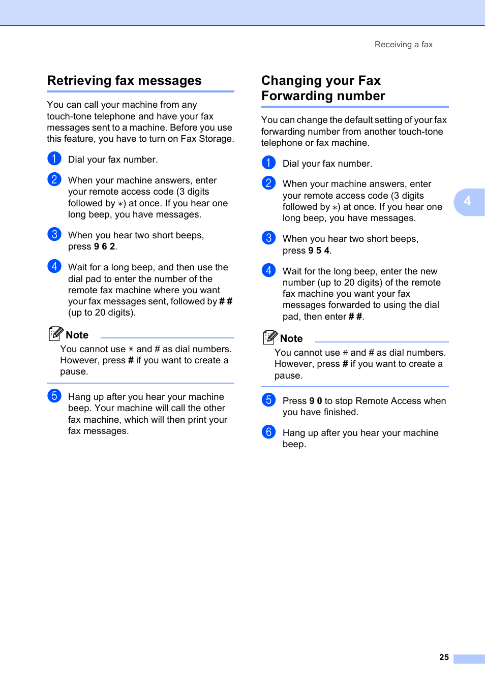 Retrieving fax messages, Changing your fax forwarding number, 4retrieving fax messages | Brother VERSION 0 MFC-J6510DW User Manual | Page 31 / 89