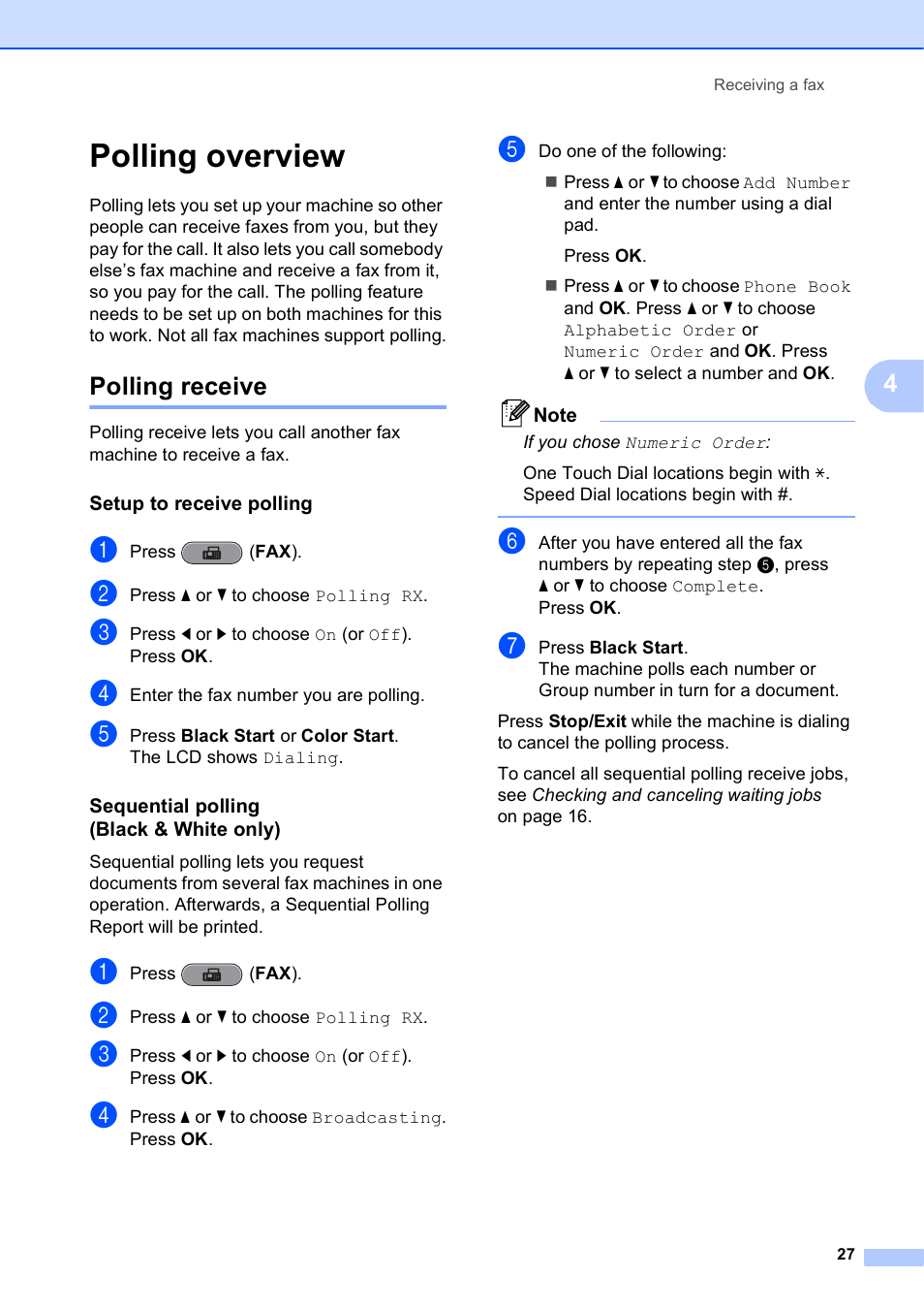 Polling overview, Polling receive, Setup to receive polling | Sequential polling (black & white only) | Brother VERSION 0 MFC-J6510DW User Manual | Page 33 / 89