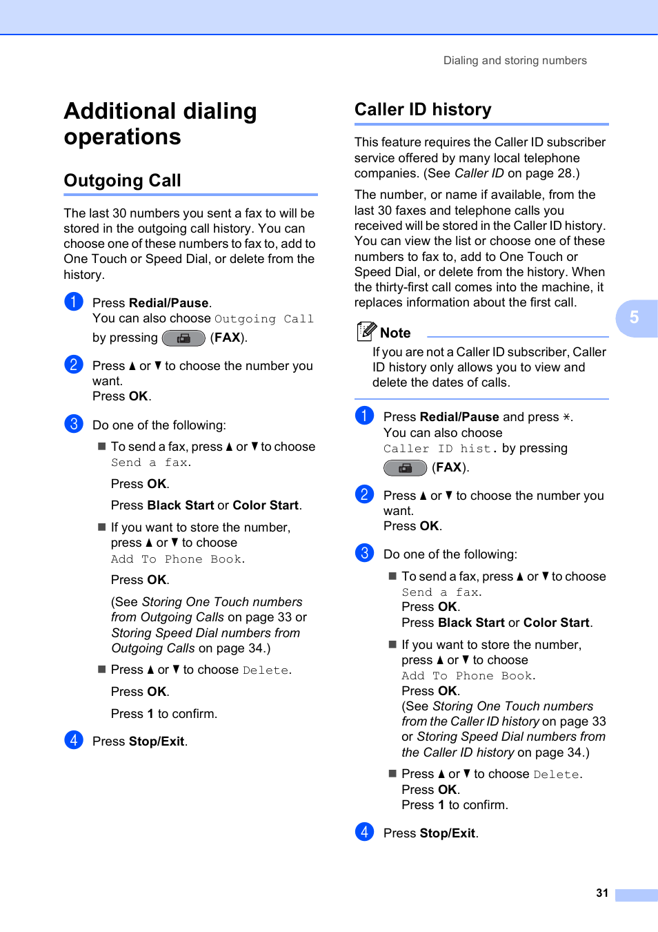 Additional dialing operations, Outgoing call, Caller id history | Outgoing call caller id history | Brother VERSION 0 MFC-J6510DW User Manual | Page 37 / 89